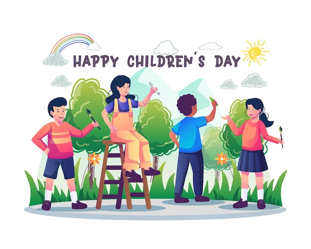 Happy Children's day with Kids painting and drawings on the wall illustration