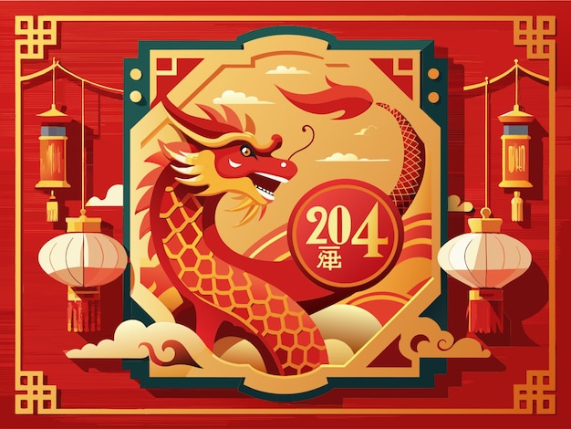 Vector happy chinese new year 2024 dragon zodiac sign with lunar lantern paper cut on red background two