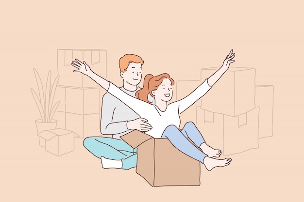 Vector happy cohabitation, fun relocation concept