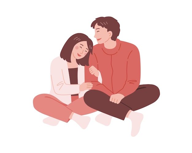 Happy Couple Sitting on Floor and Hugging Each Other Vector Illustration