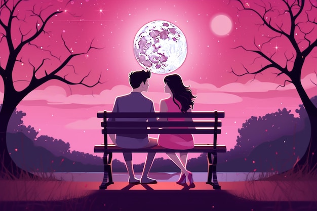 Vector happy couple sitting on a park bench