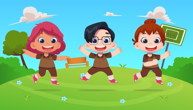 Happy cute children characters jump in outdoor nature