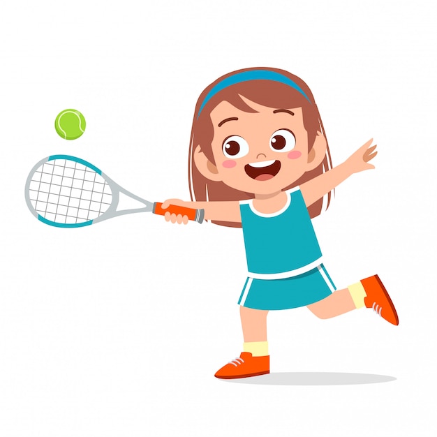 Happy cute girl play train tennis