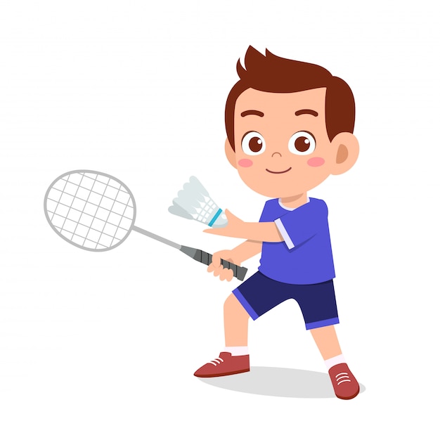 Happy cute kid boy play train badminton