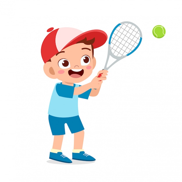Vector happy cute kid boy play train tennis