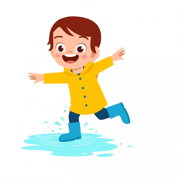 Happy cute kid boy play wear raincoat illustration
