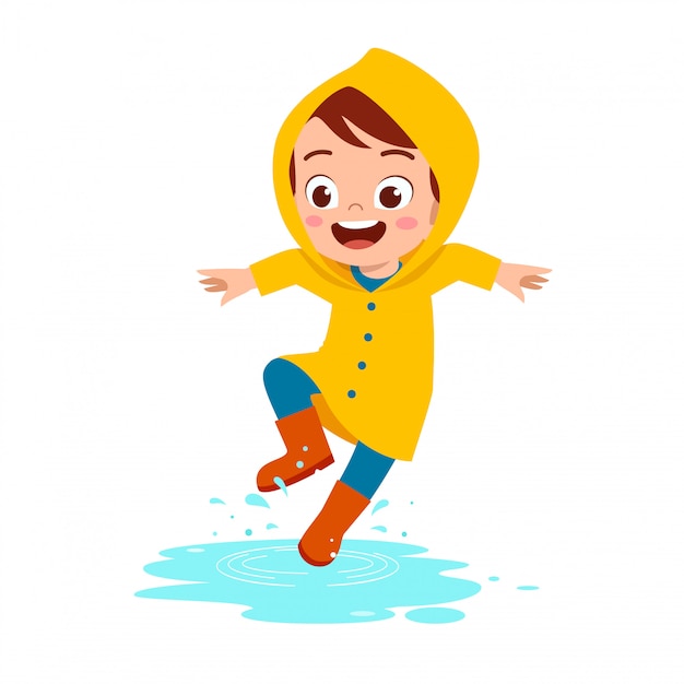 Vector happy cute kid boy play wear raincoat
