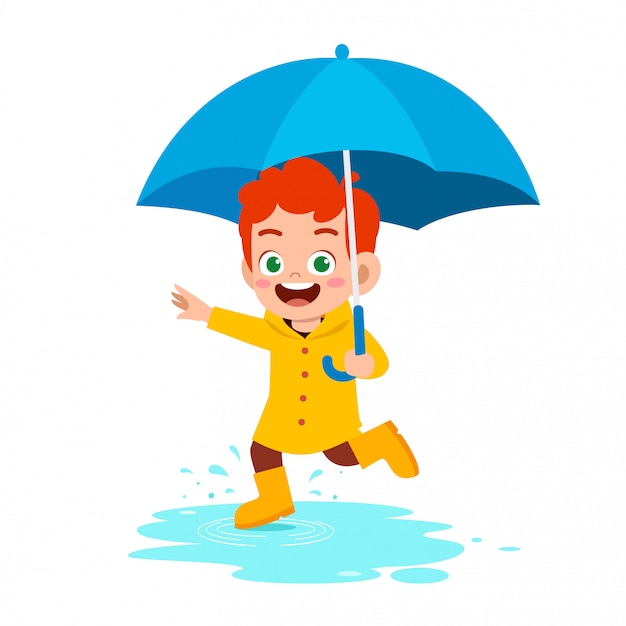 Happy cute kid boy play wear raincoat