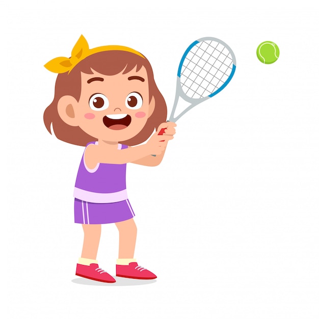 Happy cute kid girl play train tennis