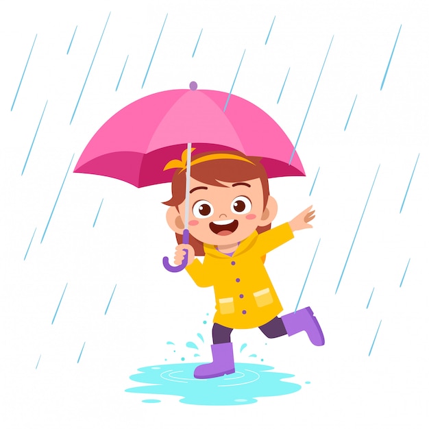 Vector happy cute kid girl play wear raincoat