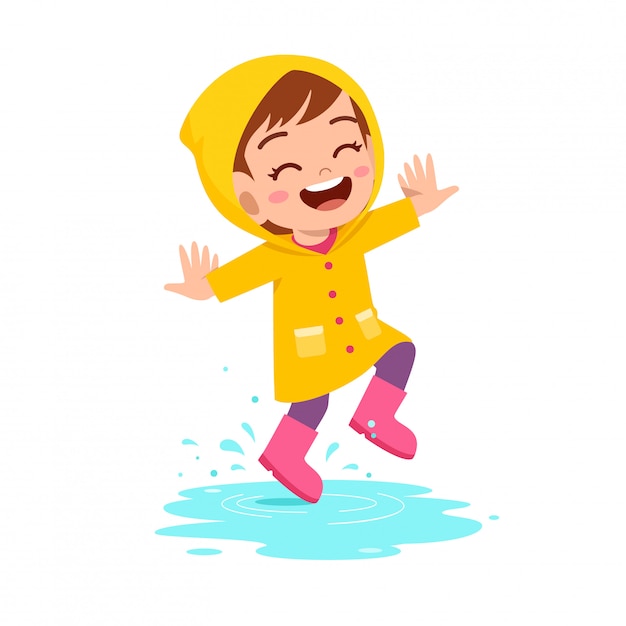 Happy cute kid girl play wear raincoat