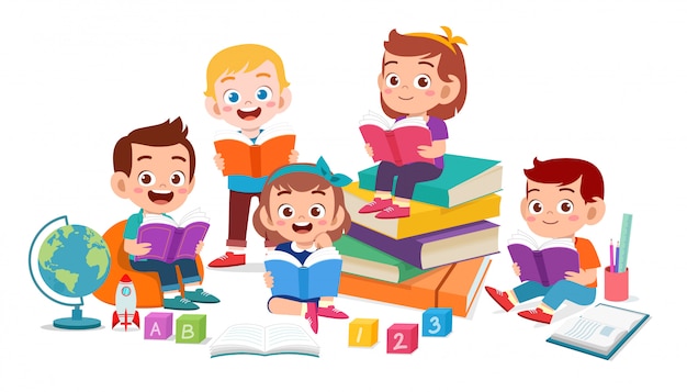 Vector happy cute kids boy and girl read book together