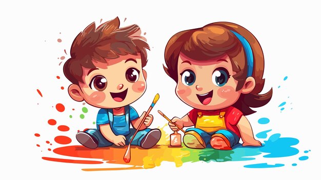 Vector happy cute kids drawing with paint creative children activity