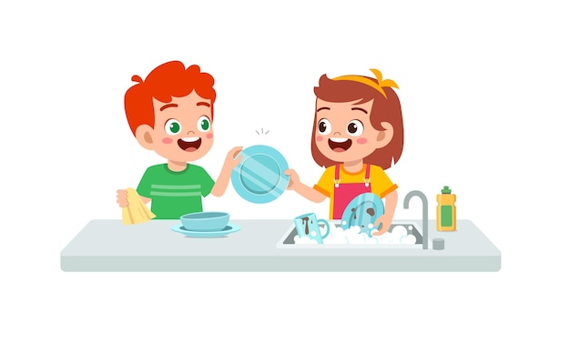 Happy cute little boy and girl washing dish together