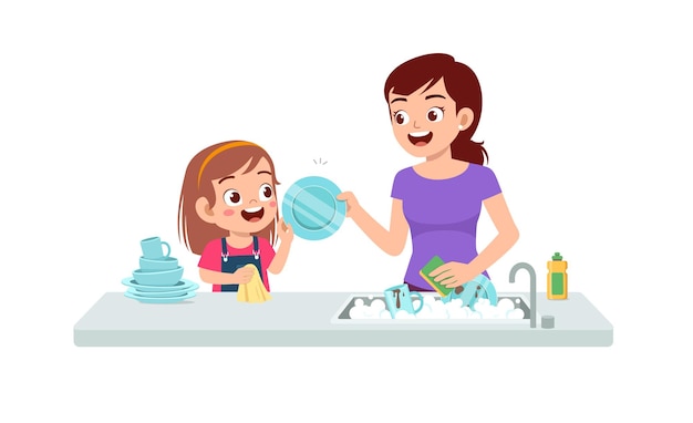 Happy cute little girl washing dish with mother