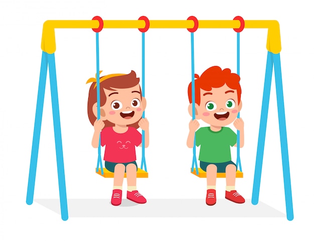 Happy cute little kid boy and girl play swing