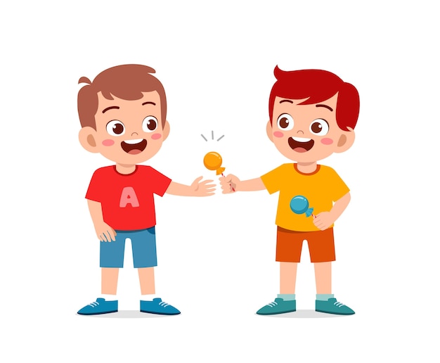 Happy cute little kid boy and girl sharing food to friend