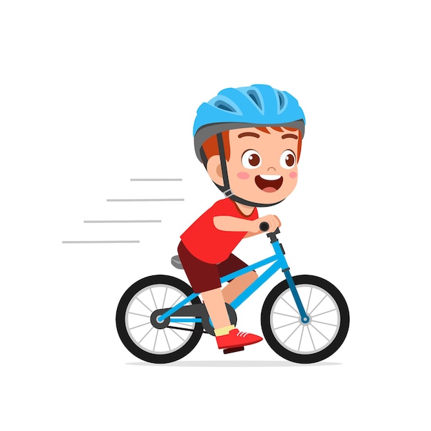 Vector happy cute little kid boy riding bicycle
