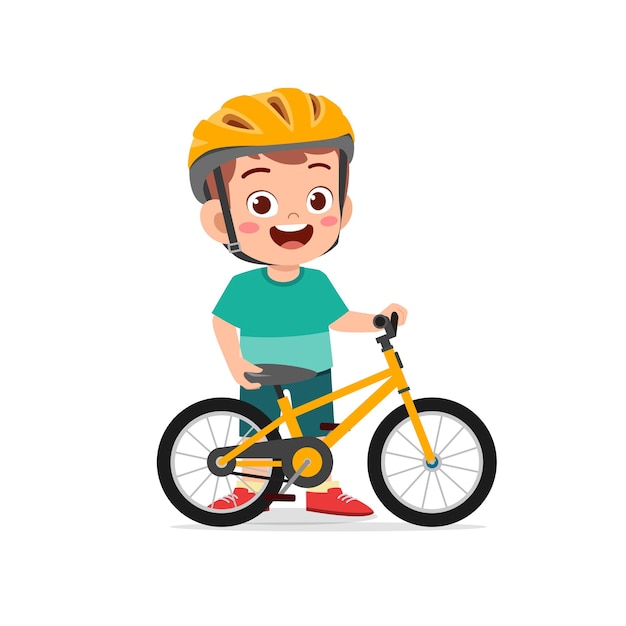 Vector happy cute little kid boy riding bicycle