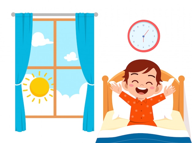 Vector happy cute little kid boy wake up