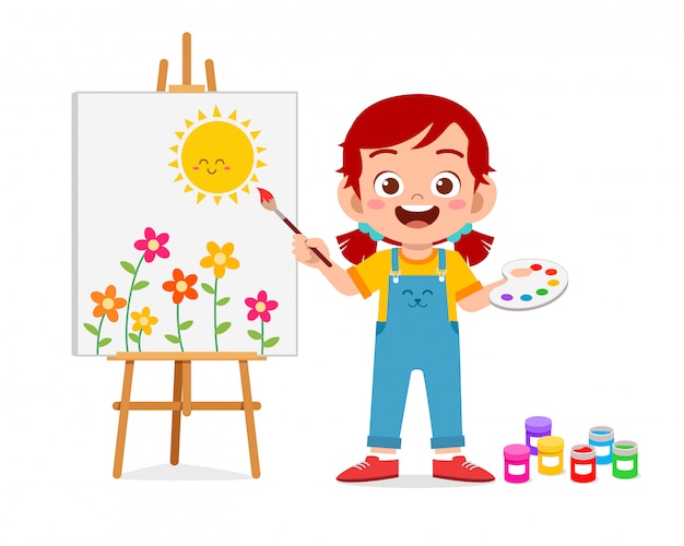 Vector happy cute little kid girl draw on canvas