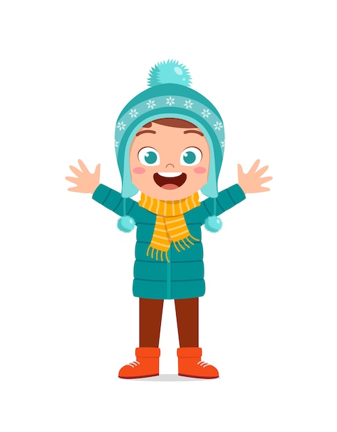 Happy cute little kid play and wear jacket in winter season