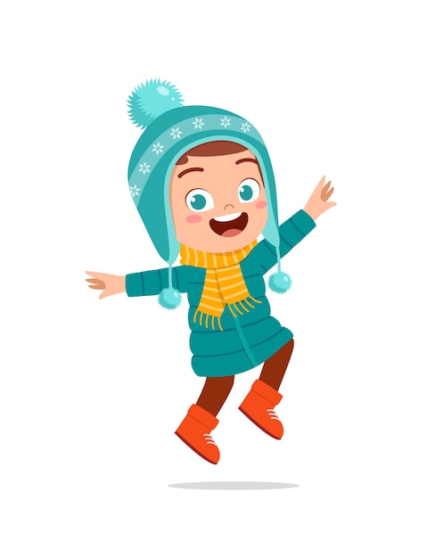 Happy cute little kid play and wear jacket in winter season