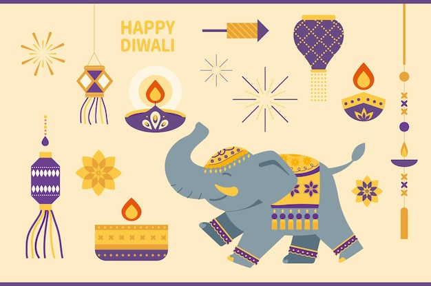 Happy Diwali festival poster elephant and lamp