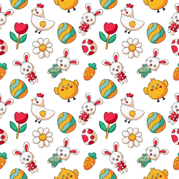 Happy Easter day cute seamless pattern bunny and carrot rabbits isolated on white background