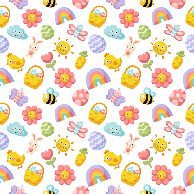 Happy Easter day cute seamless pattern bunny and carrot rabbits isolated on white background