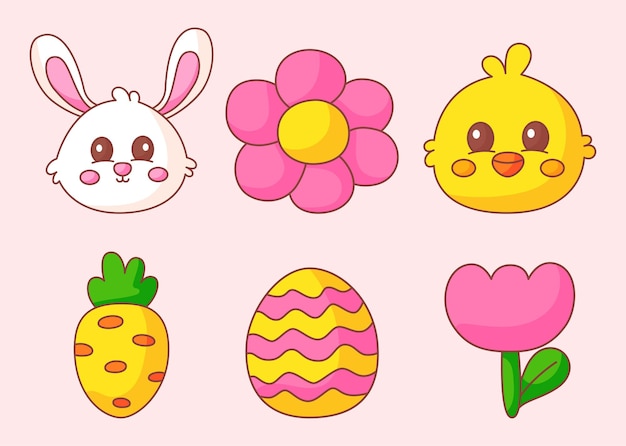 Happy Easter day set cartoon character rabbits and chicks isolated on pink background