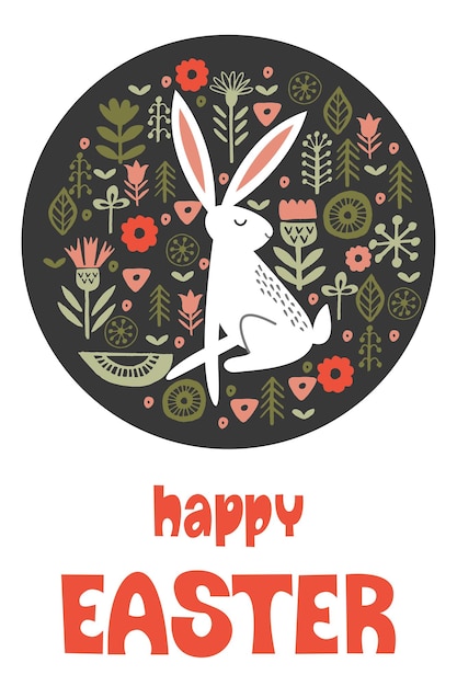 Happy Easter Greeting card vector illustration White rabbit in a circular pattern of spring flowers Hand drawn text On dark background