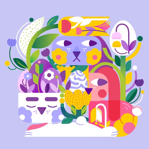 Vector happy easter illustration in an abstract style with bunnies, easter eggs and lots of greenery