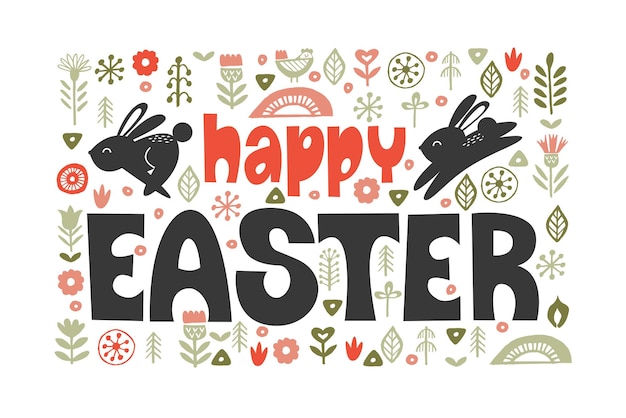 Happy Easter Small black rabbits among the delicate spring flowers Vector illustration Greeting card