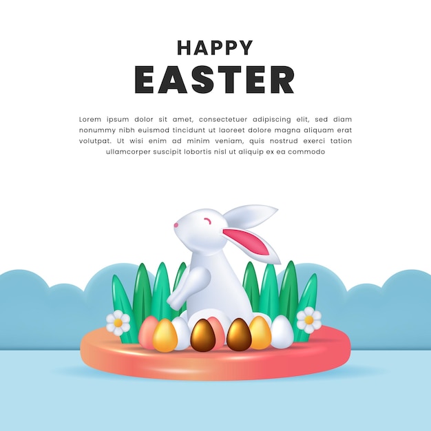 Happy easter with cute bunny rabbit and egg on the podium stage for greeting card social media template