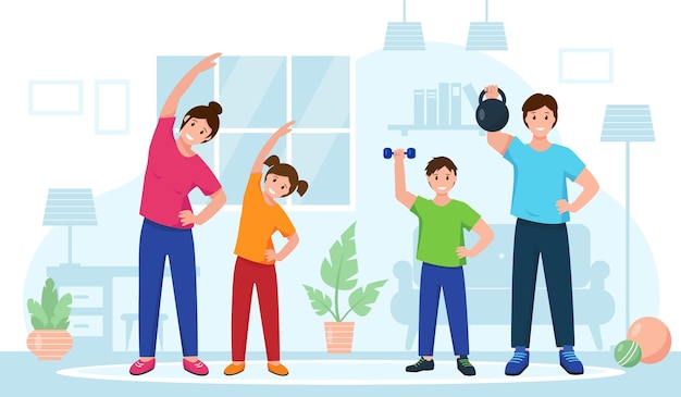 Happy family doing sport exercises at home. Fitness training online or healthy lifestyle concept.