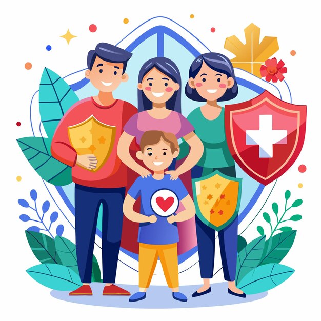 Vector happy family holding shields with symbols of health and safety