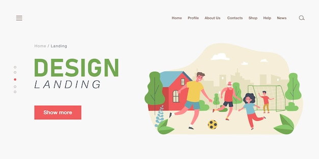 Happy family playing soccer in backyard. Dad, children and grandfather playing football outside flat vector illustration. Family, outdoor activity, sports concept for banner or website design