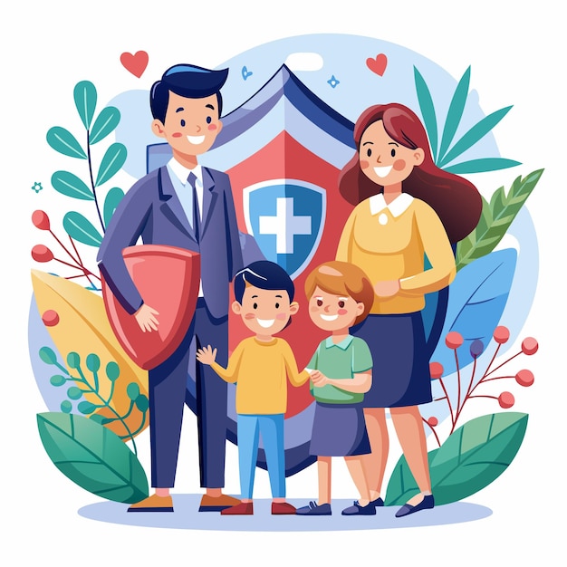 Vector happy family standing behind a large shield with a plus sign