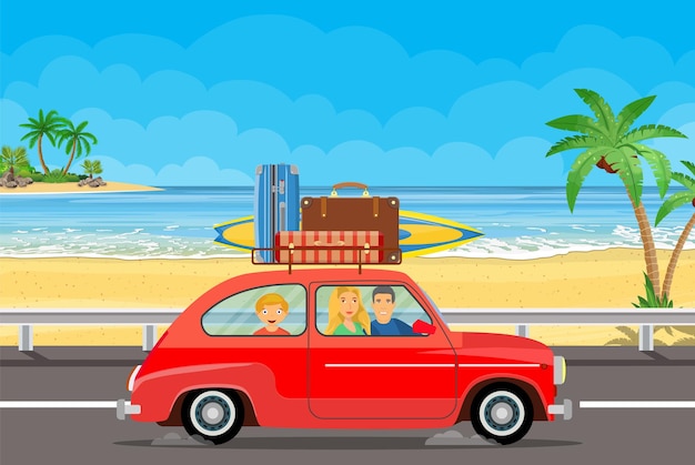 Vector happy family traveling by car with a luggage bags on the roof and with surfboard on a beach with palms.