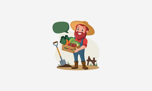 Vector happy farmer holding vegetable basket standing with shovel in garden