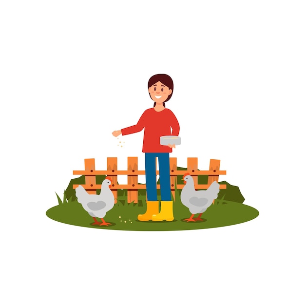 Happy farmer woman feeding chickens Young girl in sweater jeans and rubber boots Wooden fence on background Flat vector design