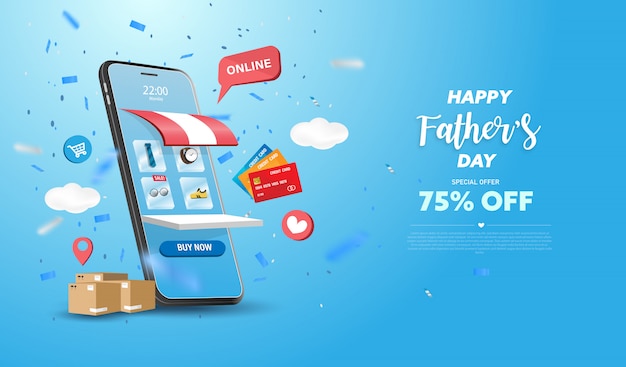 Happy Father's Day Sale banner or Promotion on blue background. Online shopping store with mobile , credit cards and shop elements