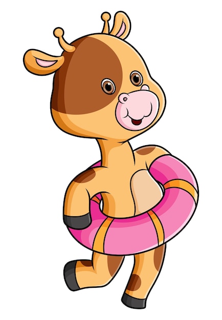 The happy giraffe is ready for swimming and using the swimming tire of illustration