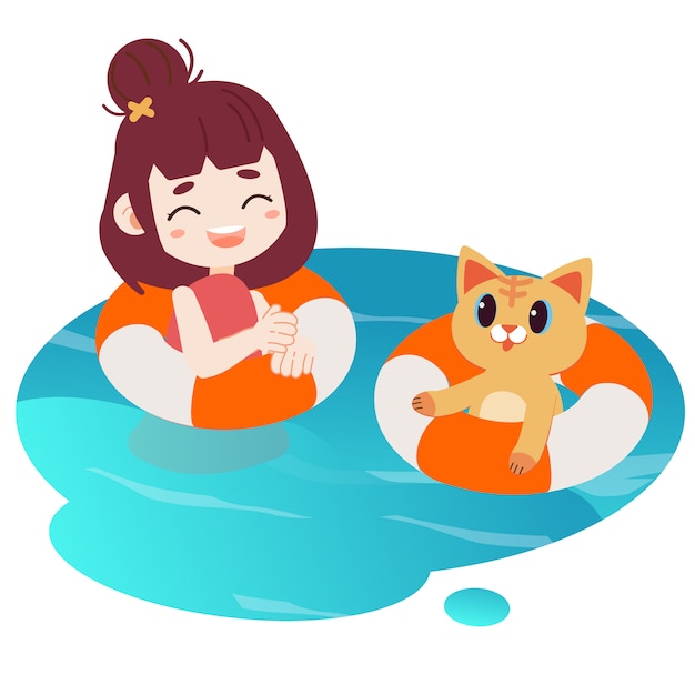 A Happy girl and cute cat swimming in the water. 