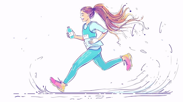 Vector happy girl running and jogging with water bottle and smartphone