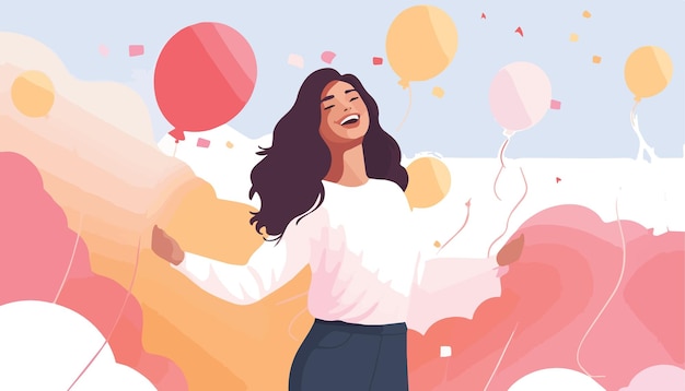 Vector happy girl with balloons and confetti vector illustration in flat style