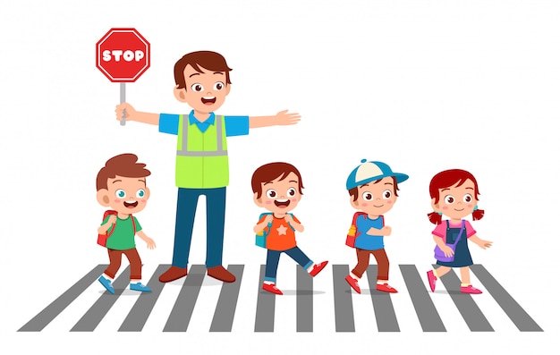 Happy good man help kids cross road