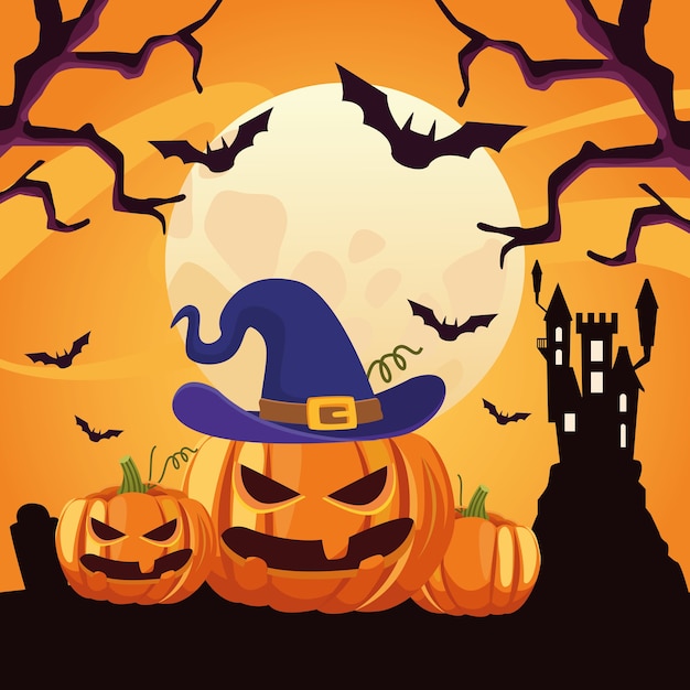 Happy halloween card with castle and pumpkins scene