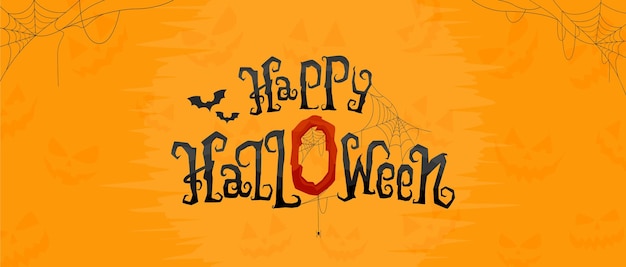 Happy Halloween lettering text banner on orange background with spider web. Vector illustration.